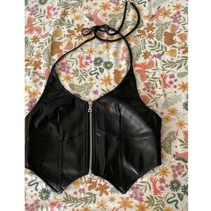 Tiger Mist Faux Leather Halter Zip Top